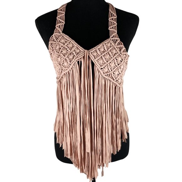 Forever 21 Nude Crochet Fringe Halter Top - Picture 2 of 7